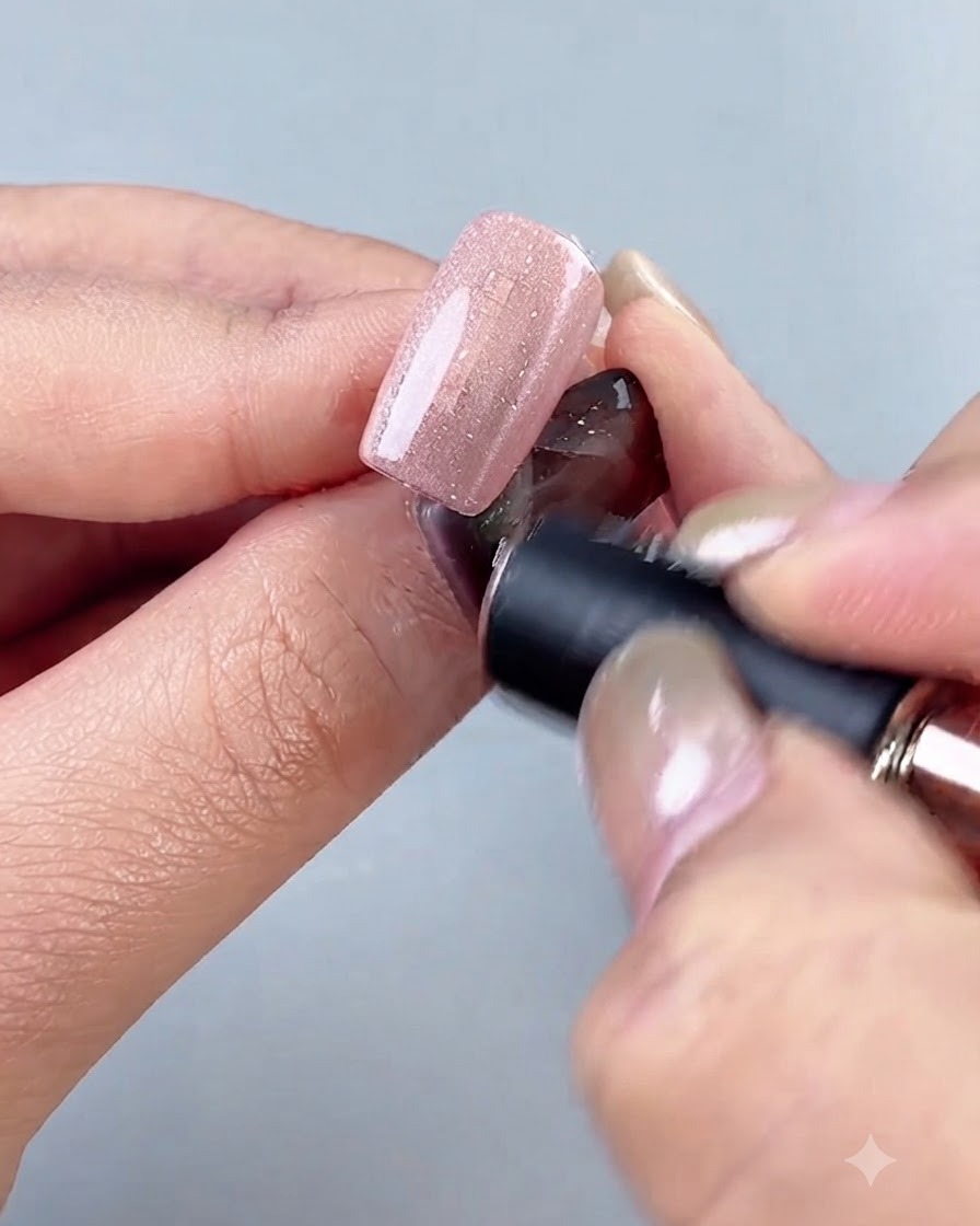 Un bâtonnet aimanté tenu près dun ongle enduit de gel pour façonner les particules magnétiques.