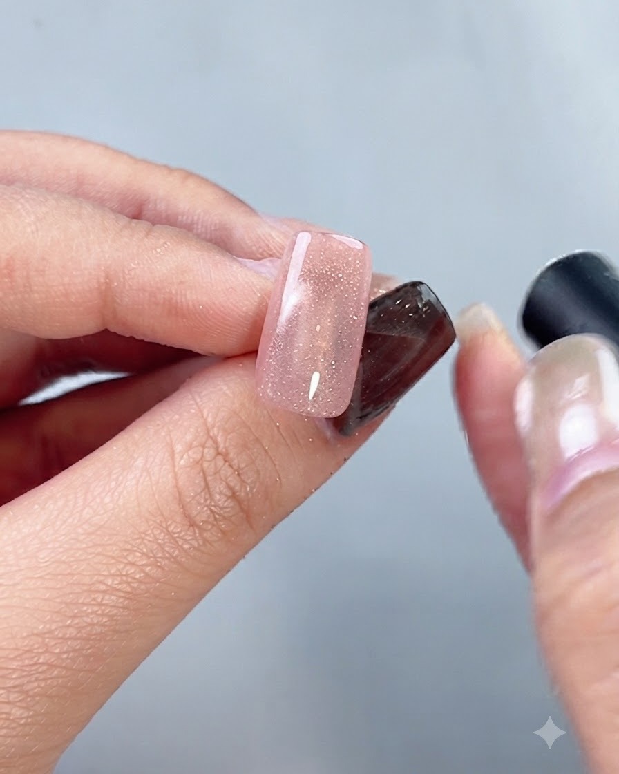 Vue rapprochée dun ongle montrant un effet cat-eye perle de verre réfléchissant sous une lumière vive.