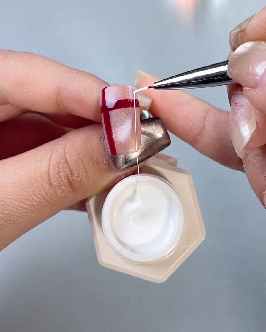 Un pinceau de nail art détaillé tirant un brin de gel soie blanche pour tracer des lignes croisées sur un ongle ligné de rouge.