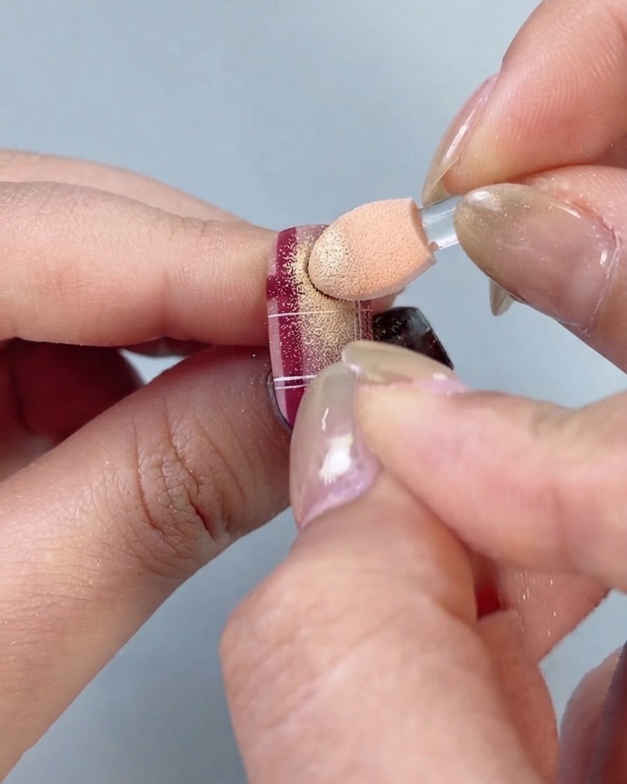 Un applicateur éponge pour fard à paupières tamponnant délicatement de la poudre métallique or clair sur un ongle à carreaux rouge et blanc.