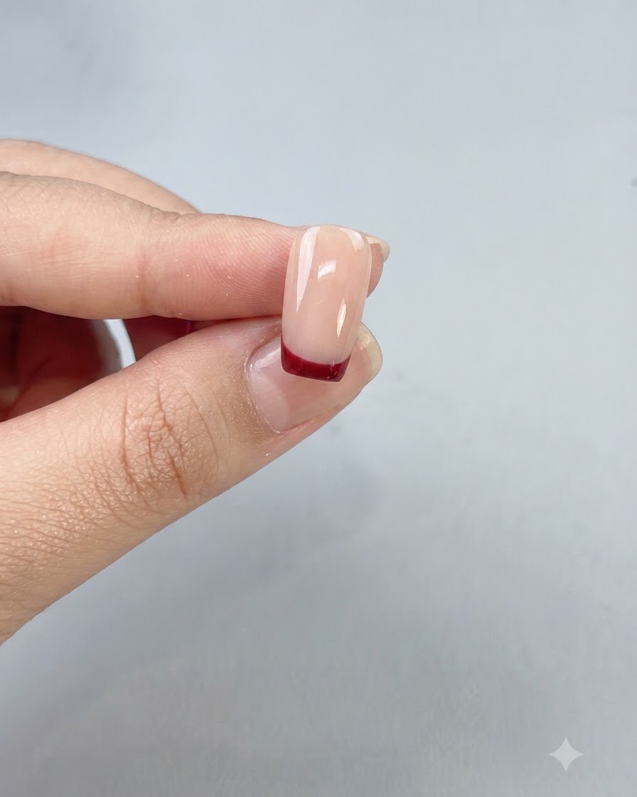 Un ongle fini avec une French tip propre en rouge oxblood scellée sous un top coat brillant.