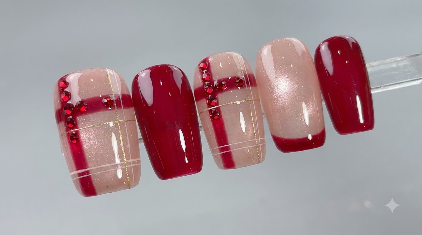 Ongles Gel Cat-Eye et Réseau de Cristaux Rouges — Tutoriel Étape par Étape