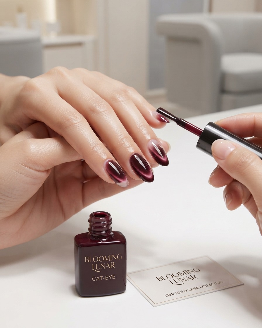 Une main tenant un flacon de vernis gel rouge profond et appliquant la couleur sur le bord libre dun ongle en amande à laide du pinceau du flacon.