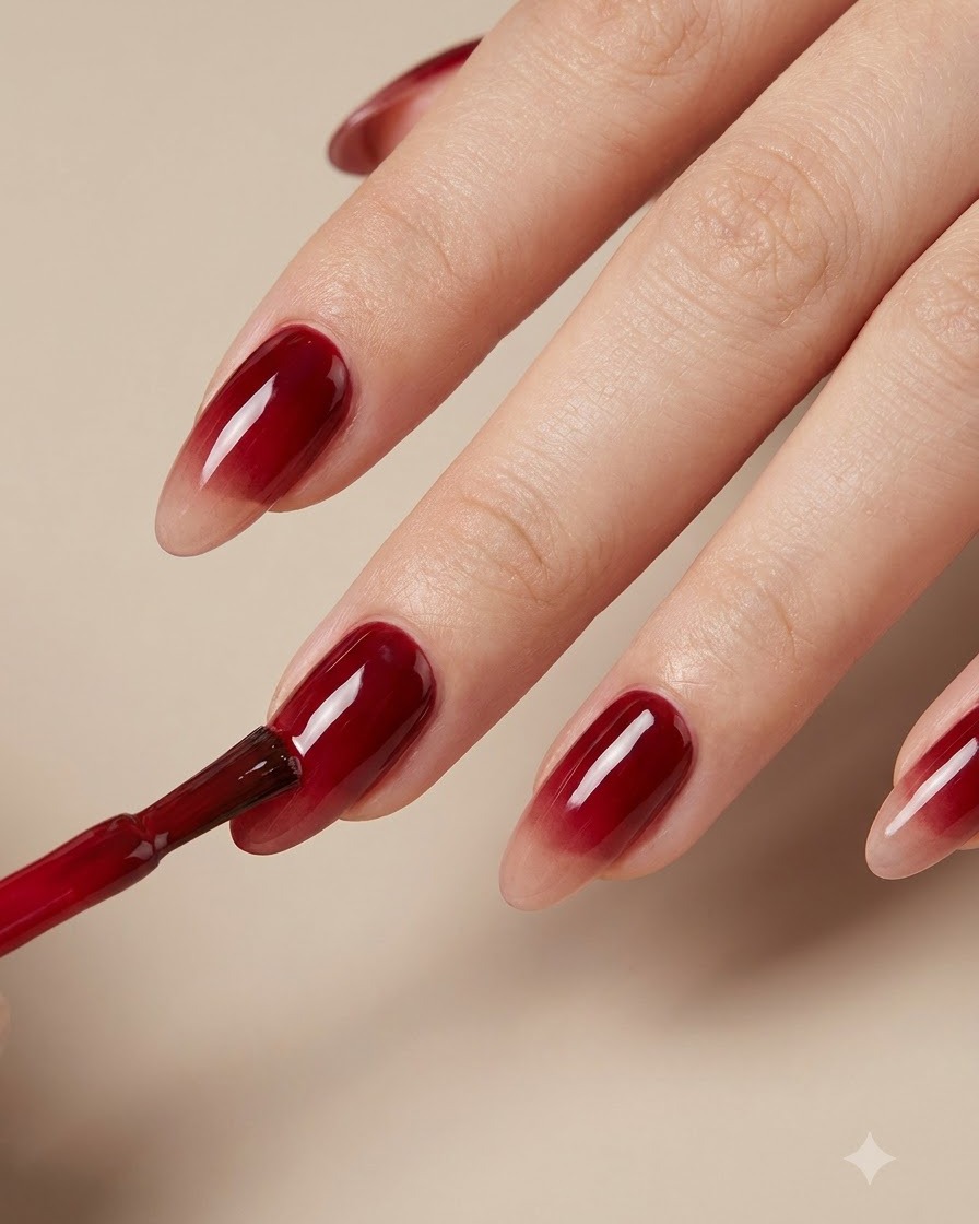 Un pinceau liner fin façonnant avec précision la bordure rouge incurvée sur un ongle manucuré.