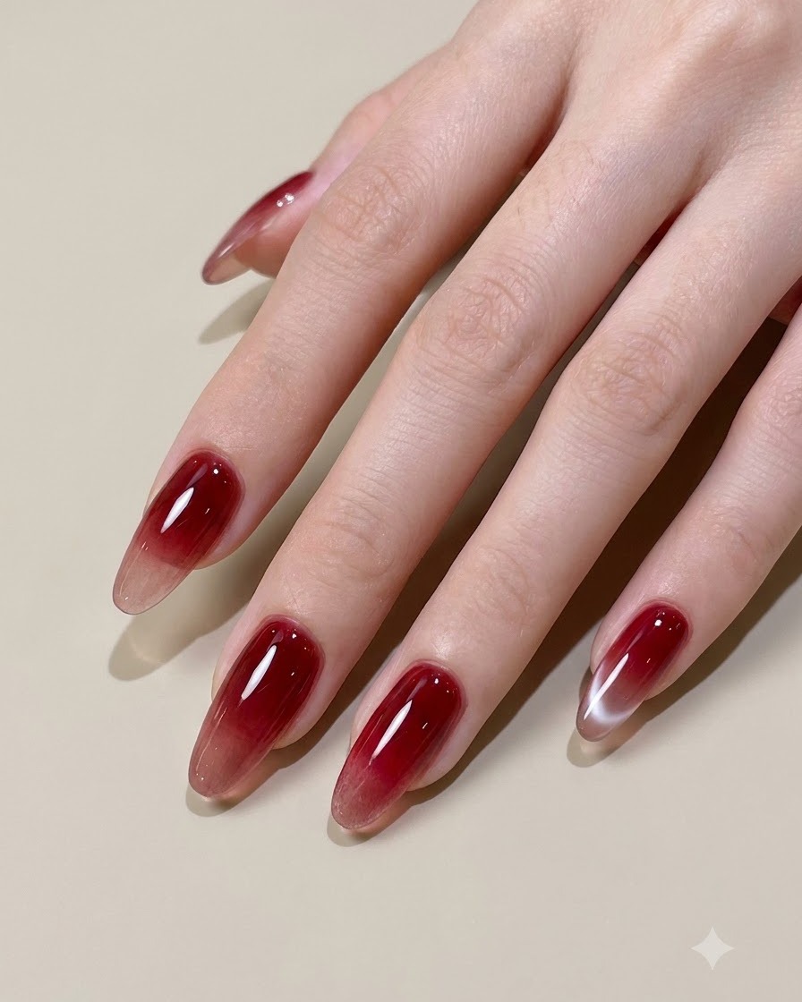 Un pinceau ombré plat adoucissant le bord intérieur dun dégradé de gel rouge sur un ongle.