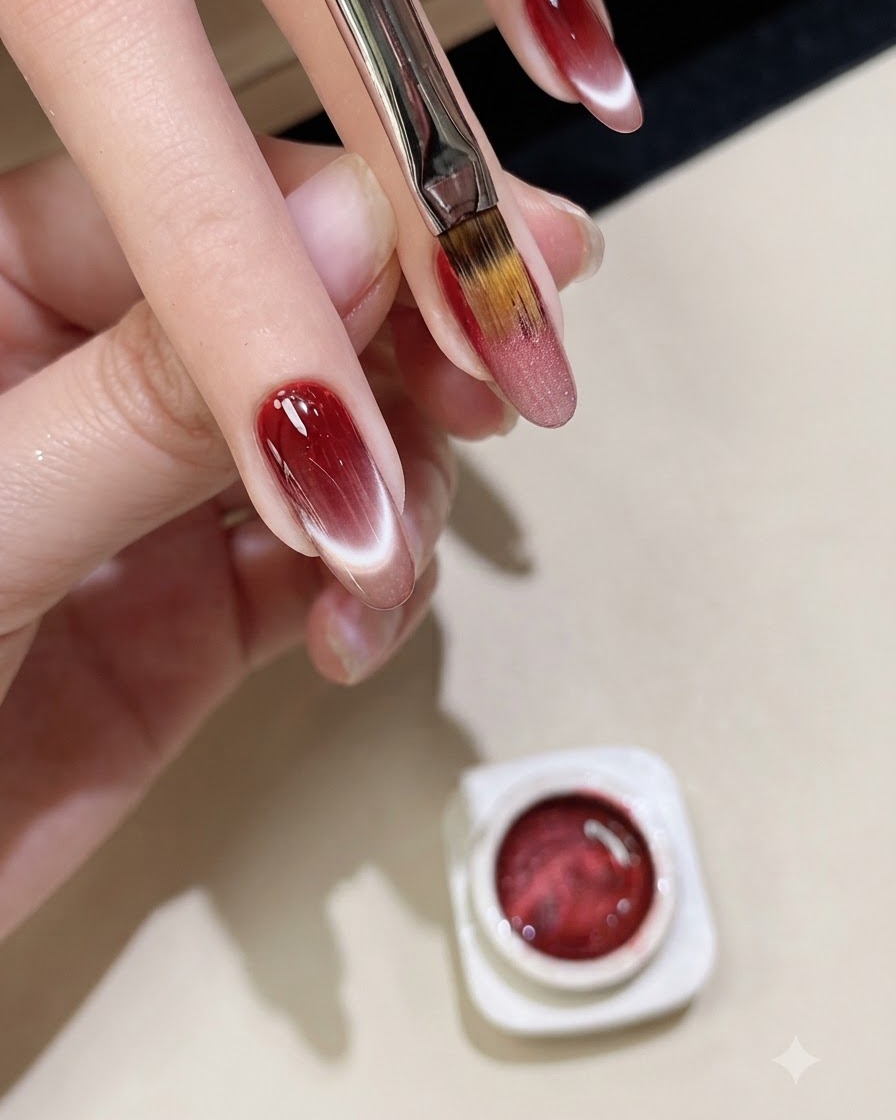 Un pinceau gel plat appliquant du gel cat-eye magnétique scintillant directement sur longle au dégradé rouge.