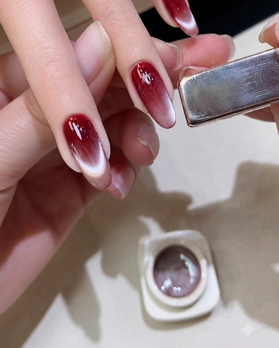 La pointe dun pinceau plat lissant et uniformisant le gel cat-eye sur un ongle au dégradé rouge.
