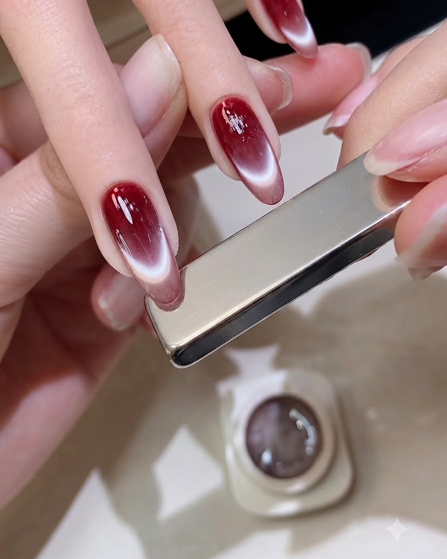Gros plan de mains tenant un aimant rectangulaire argenté à lhorizontale au-dessus dun ongle dégradé rouge pour façonner le bout French cat-eye.