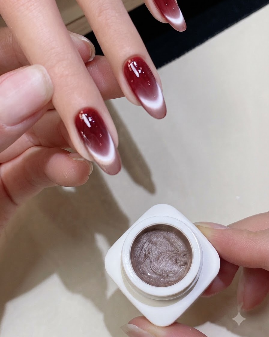 Un pinceau appliquant une couche finale de top coat transparent sur des ongles finis au dégradé rouge et cat-eye.