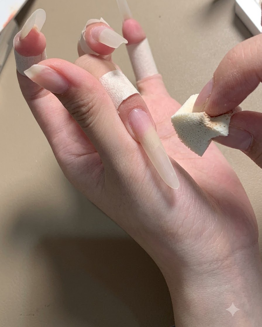 Une main tenant une petite éponge près dun long ongle stiletto enveloppé de ruban de protection.