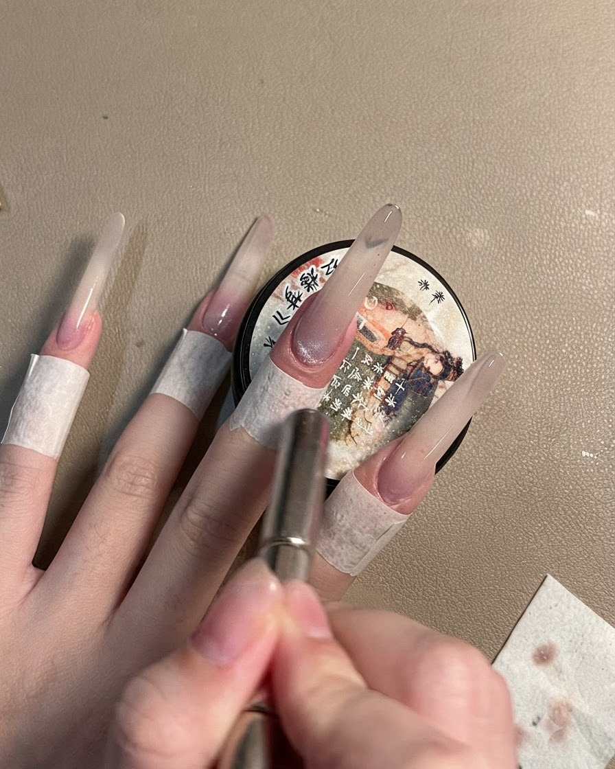 Une main utilisant un bâtonnet aimanté au-dessus dun gel scintillant œil-de-chat gris appliqué sur un long ongle stiletto.