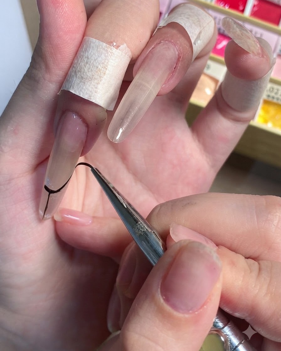 Un pinceau liner fin dessinant le contour incurvé dun sourire French noir sur un long ongle stiletto.