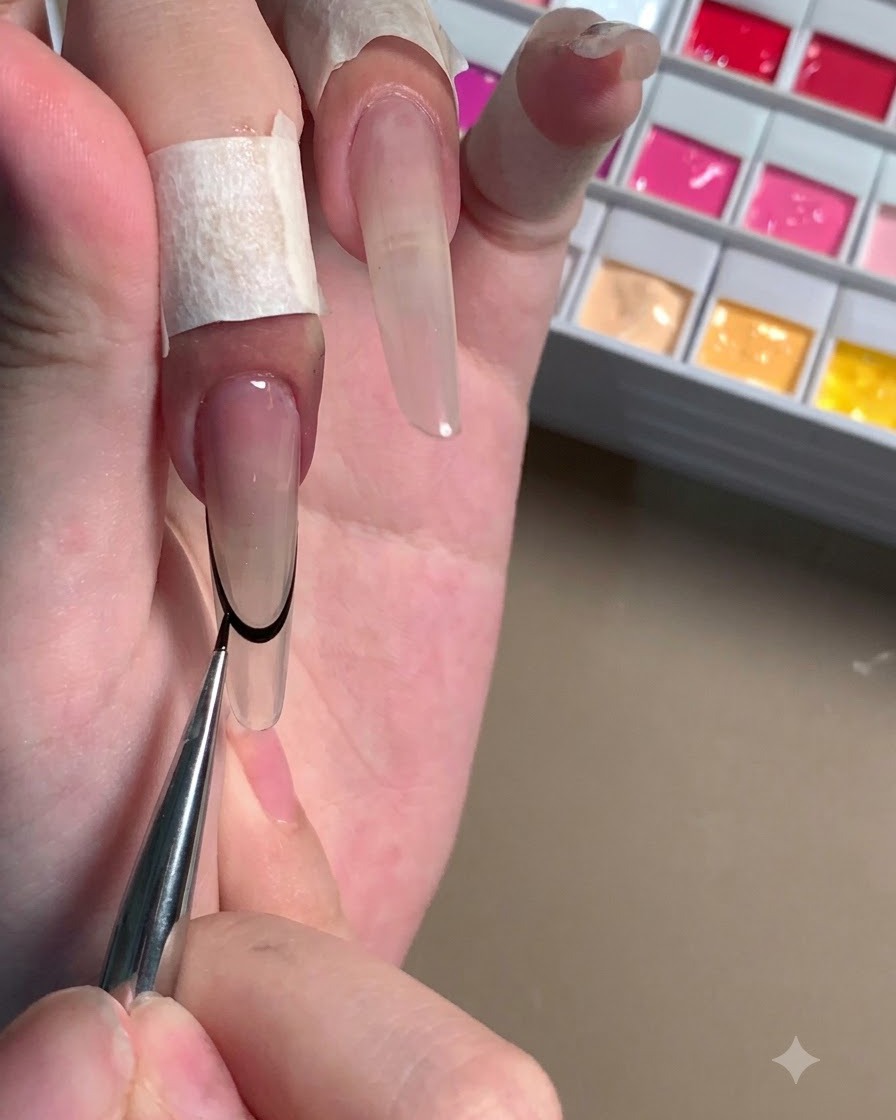 Un pinceau fin rectifiant le tracé de la tip French noire sur un long ongle stiletto.