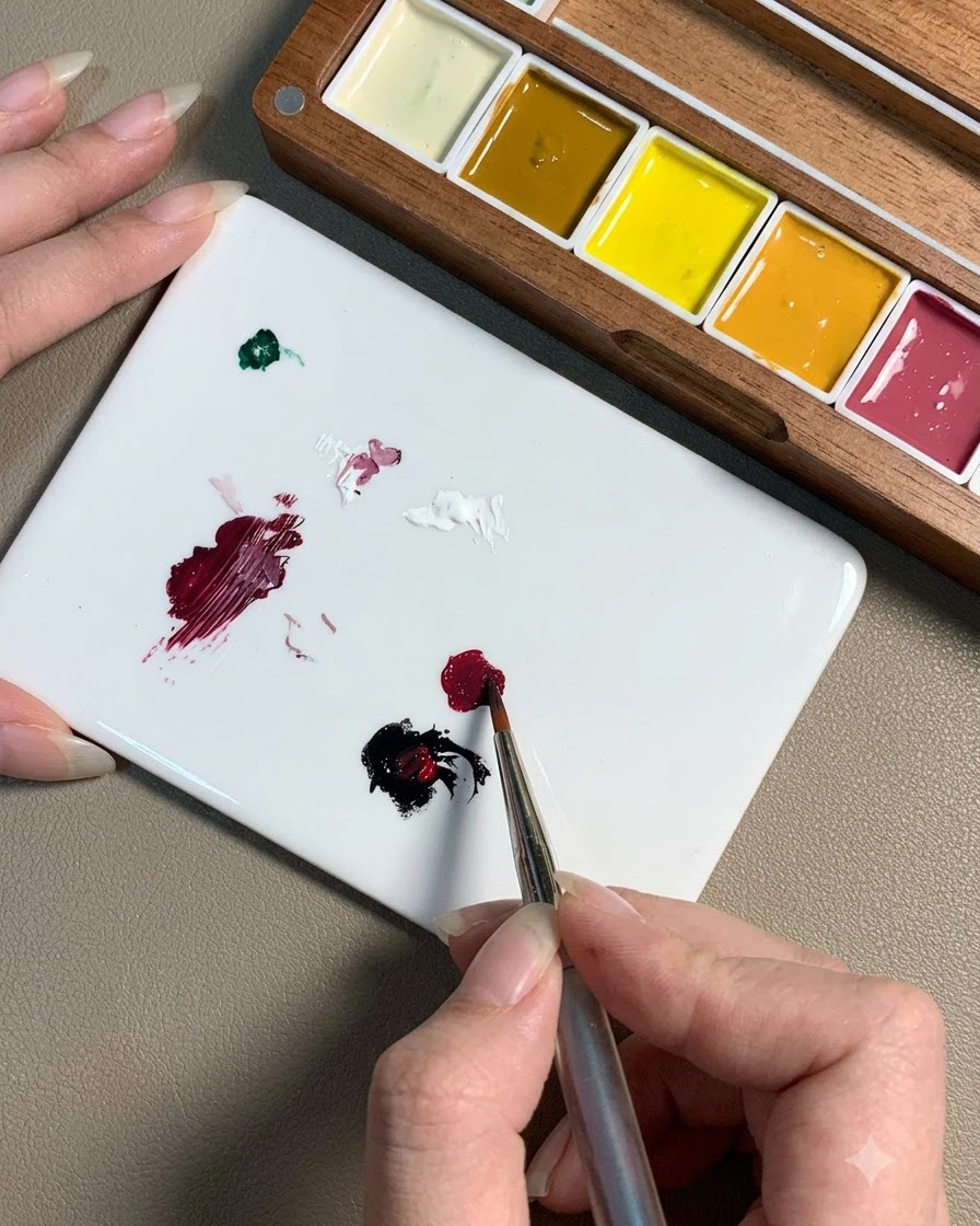 Un pinceau effleurant une goutte de gel noir à côté dune touche de gel rouge sur une palette blanche pour les fusionner.
