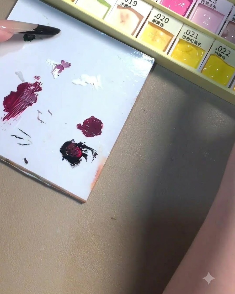 Un aplat de gel couleur prune profond entièrement mélangé reposant sur une palette de mélange blanche aux côtés dautres touches de gel.