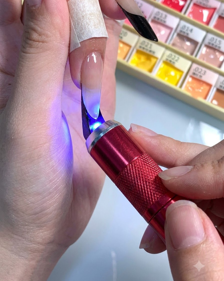 Une lampe de poche UV rose portable en train de catalyser un art en gel sur un ongle de doigt stiletto.