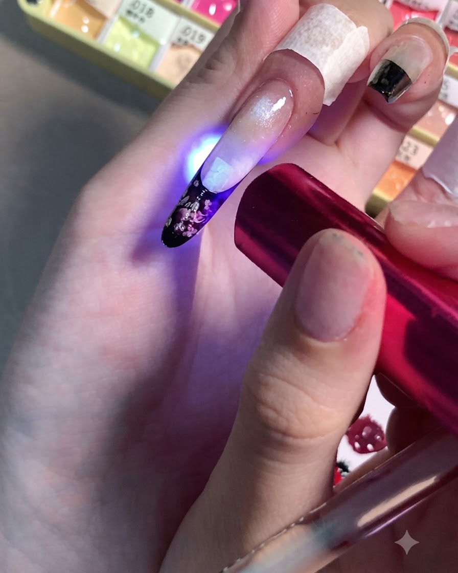 Une main tenant une mini lampe LED rouge au-dessus dun ongle pour catalyser les détails floraux rose clair fraîchement peints.