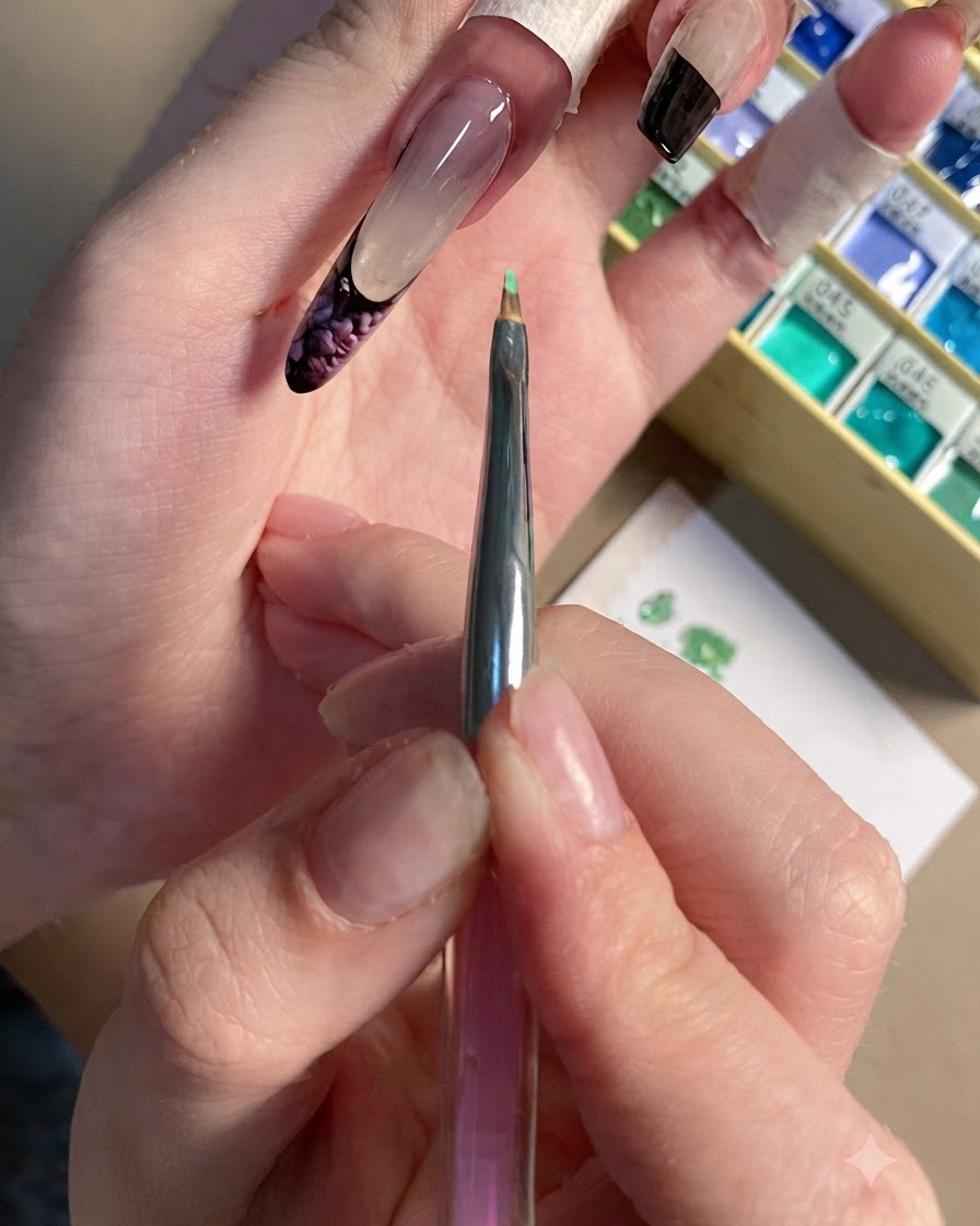 Gros plan dun pinceau liner fin chargé de peinture gel verte, positionné au-dessus dun ongle arborant des roses prune achevées.