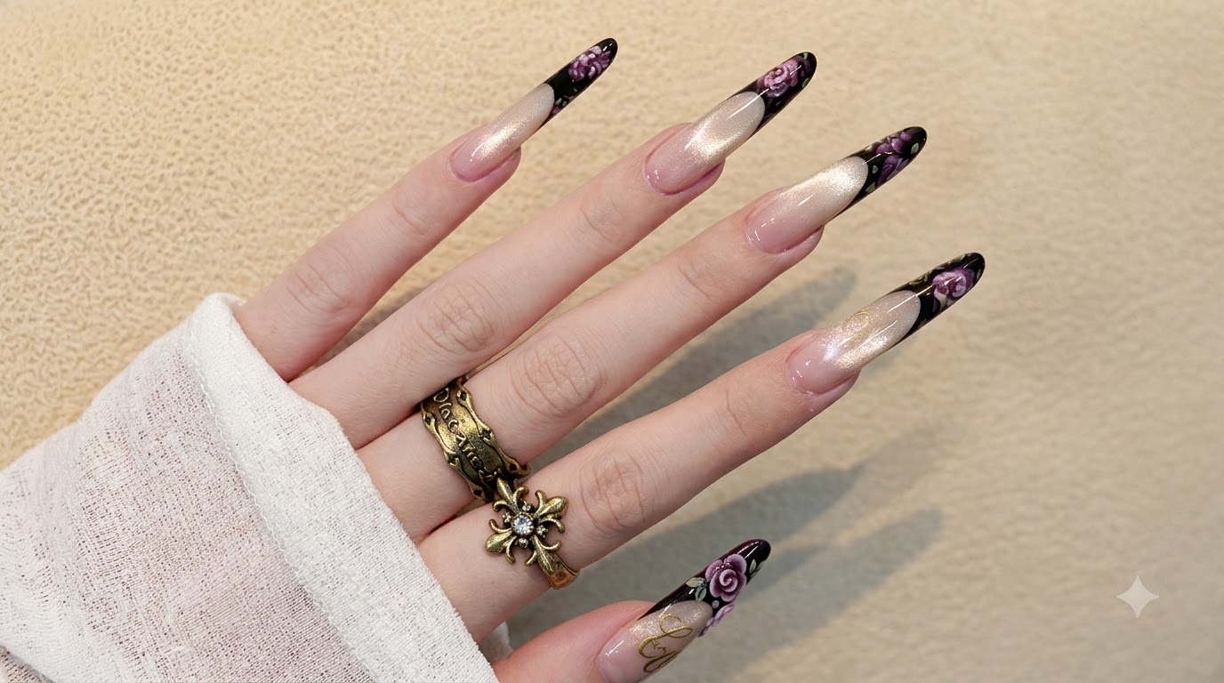 Ongles Stiletto Noirs avec French Floraux Sombres et Effet Œil-de-Chat — Tutoriel Étape par Étape