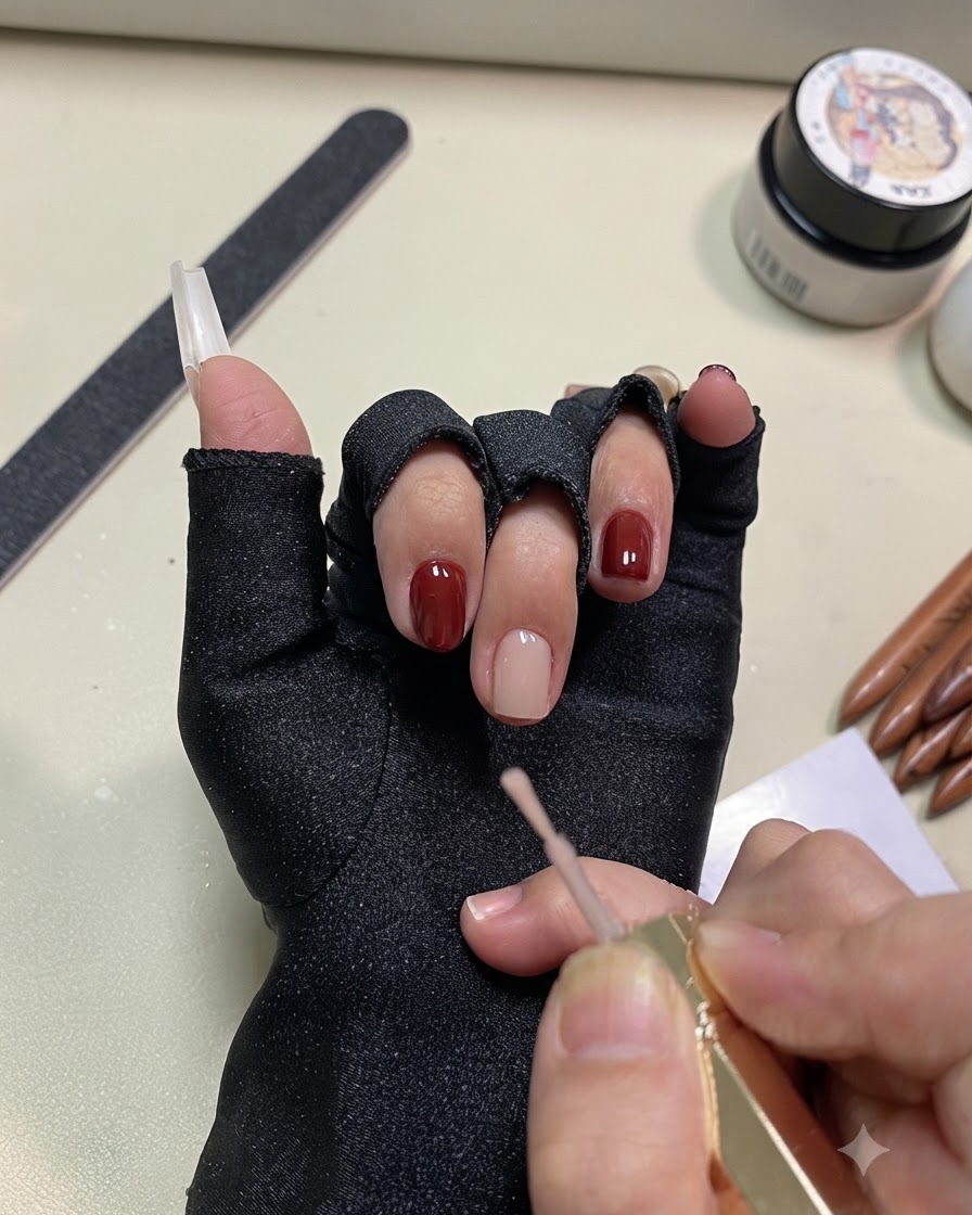 Gros plan sur un pinceau appliquant du vernis gel de couleur nude sur un ongle.