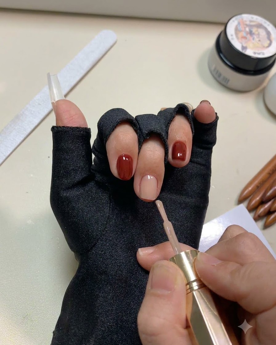 Une main posée à lintérieur dune lampe de catalysation UV pour ongles avec la base nude en train de catalyser sous la lumière.