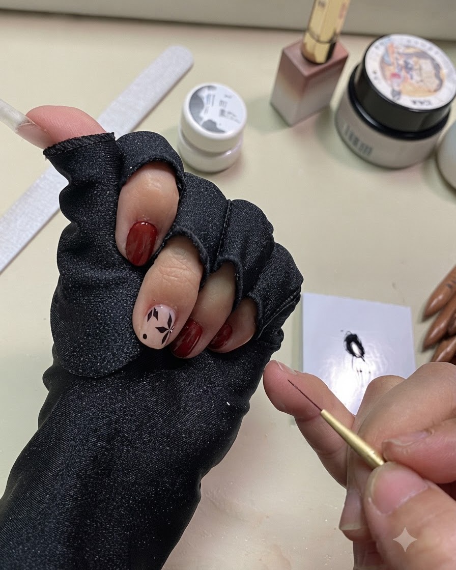 Vue rapprochée de la main tenant un pinceau fin avec le nail art de feuilles noires terminé et catalysé sur longle.