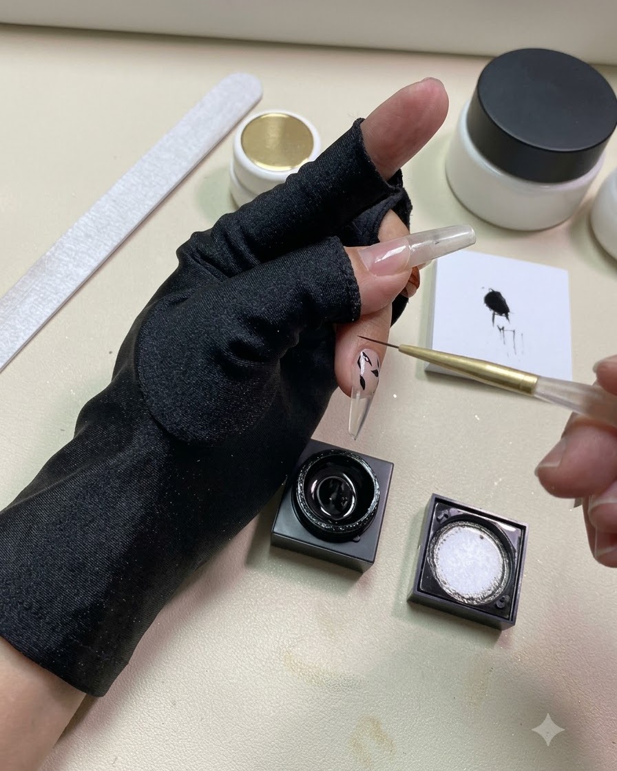 Gros plan dun pinceau fin trempant dans du gel de traction noir à côté dun ongle aux motifs de feuilles peints.