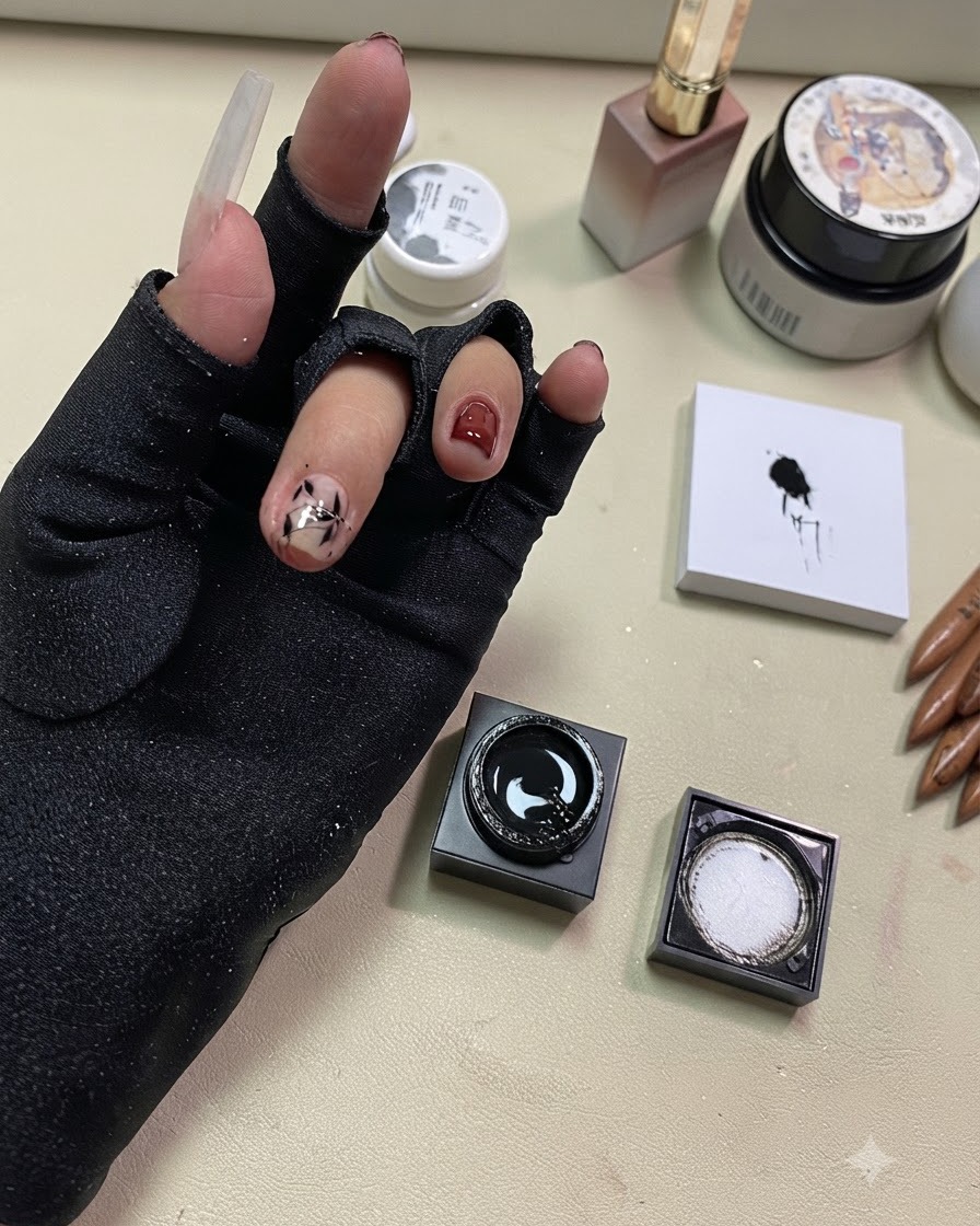 Un coton imbibé essuyant les résidus collants autour des cuticules et du bord des ongles.