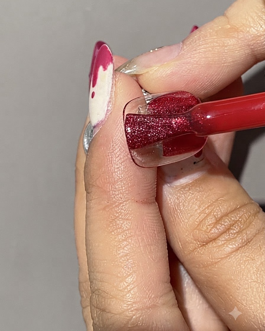 Gros plan dun pinceau appliquant du vernis gel cat eye rouge scintillant sur une capsule transparente.