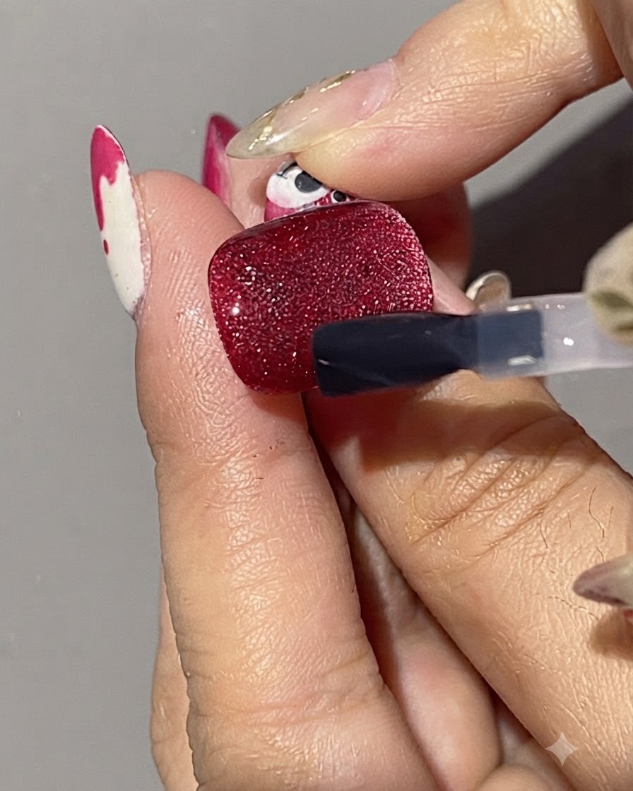 Un pinceau appliquant un top coat mat sur un ongle texturé en gel cat eye rouge.