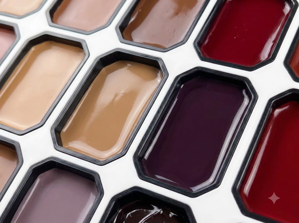 Une palette à compartiments montrant différentes couleurs de gel, incluant une teinte rouge riche.