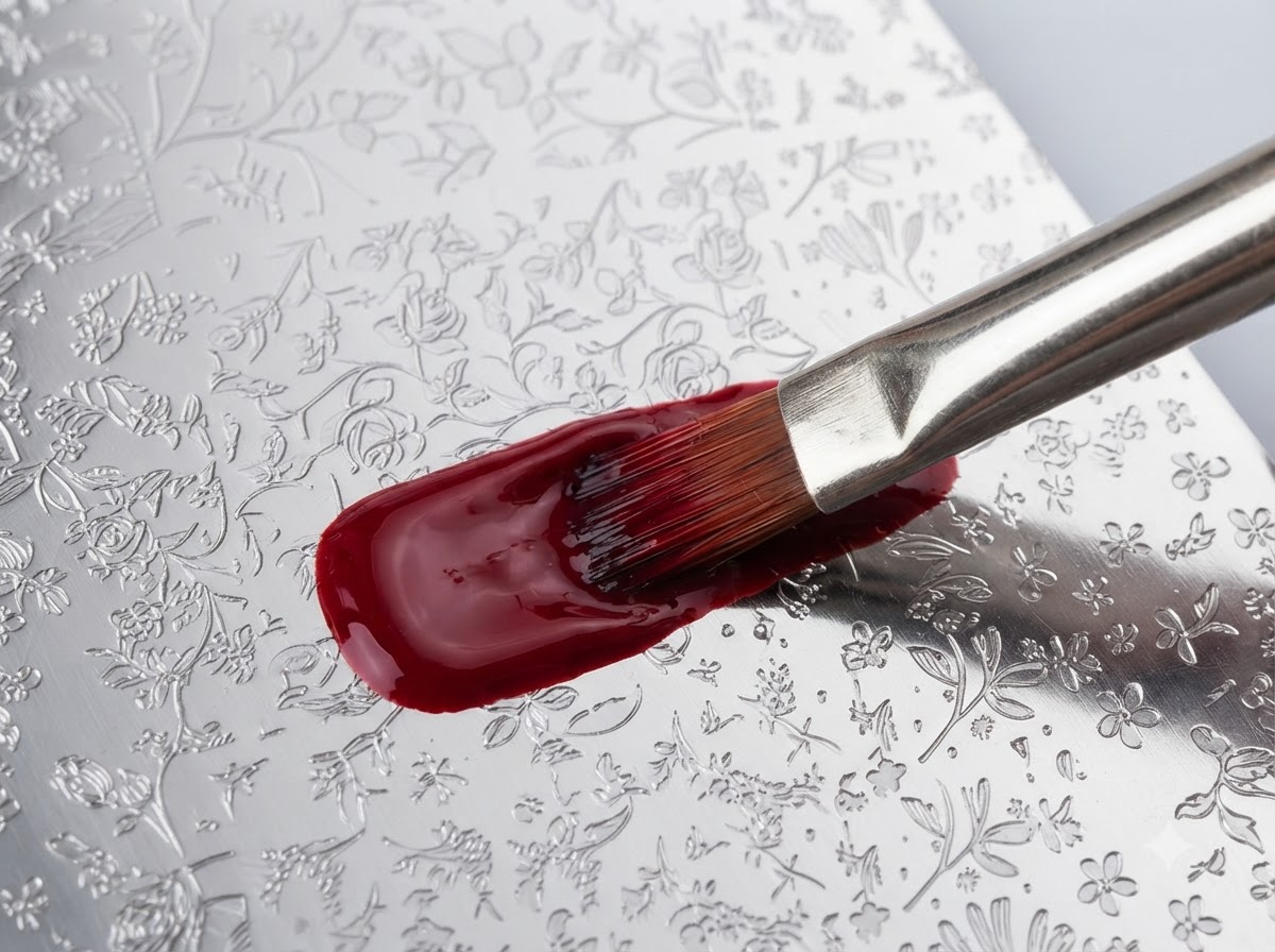 Un pinceau de nail art étalant généreusement du gel rouge sur une plaque en métal gravée.