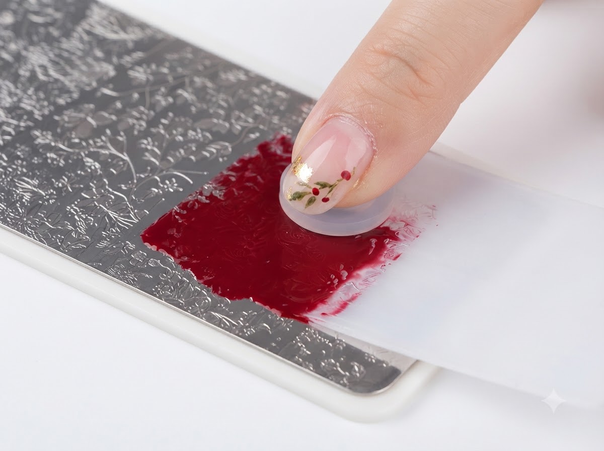Une carte racloir essuyant lexcédent de gel rouge dune plaque de stamping en métal.