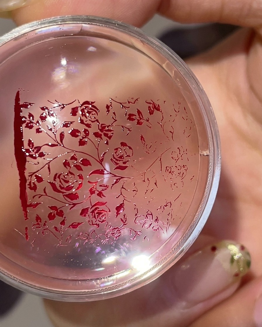 Une tête de tampon en silicone transparent affichant un motif floral rouge transféré, prêt à être appliqué sur un ongle.
