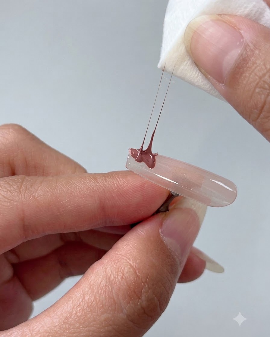 Une éponge tapotant un vernis gel marron sur la partie inférieure dun faux ongle transparent.