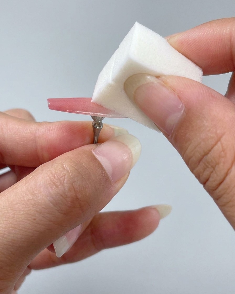 Doigts tenant une éponge cosmétique carrée blanche, tapotant doucement du gel rose sur un long ongle pour créer un fondu ombré.
