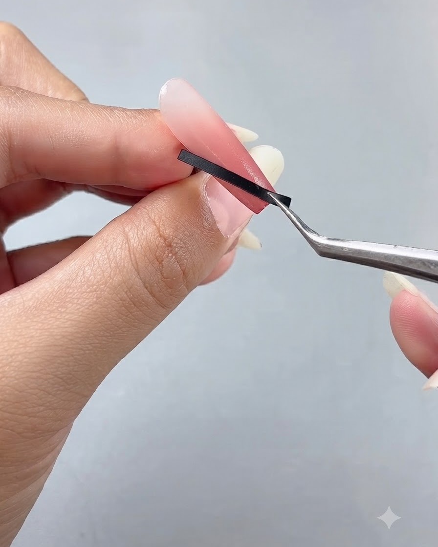 Pince à épiler plaçant un autocollant noir en diagonale sur un ongle dégradé.