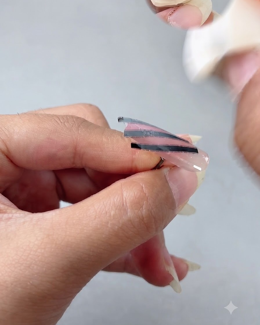 Une éponge tapotant du gel blanc sur les pochoirs à bandes obliques sur un ongle.