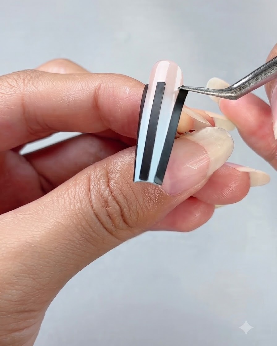 Une main tenant une pince à épiler pour placer soigneusement des bandes noires verticales sur un faux ongle dégradé bleu et rose.