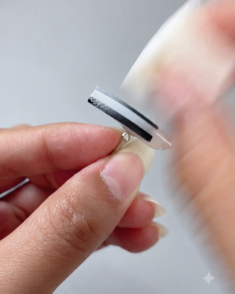 Un outil éponge tapotant délicatement du gel ombré noir sur des bandes verticales sur un ongle.