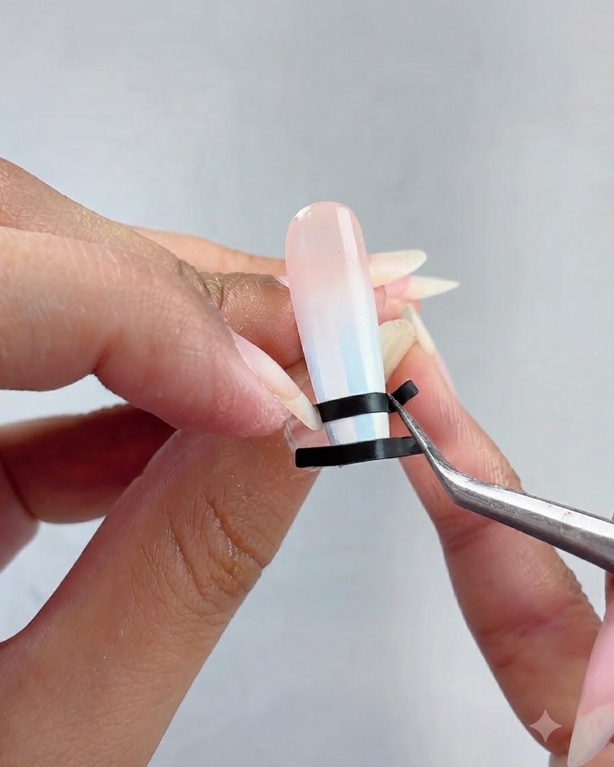 Une pince à épiler positionnant soigneusement des bandes noires horizontales sur la surface du deuxième ongle.