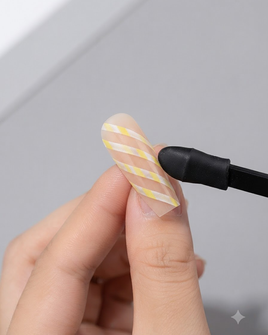 Un outil éponge appliquant du gel blanc en tamponnant sur un ongle recouvert de ruban de striping diagonal.