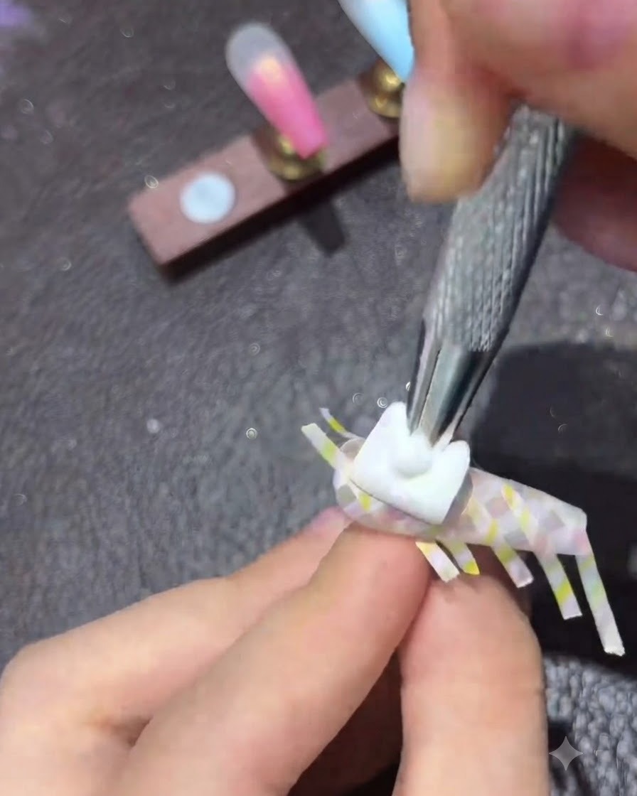 Un plan rapproché de brucelles retirant le ruban de striping dun ongle pour révéler un motif écossais marron.