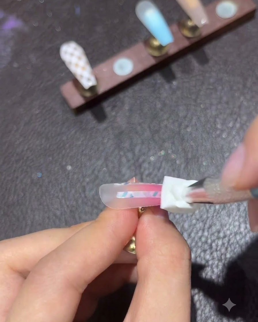Une éponge à ongles appliquant du gel blanc en tamponnant sur un ongle décoré de ruban de striping vertical.