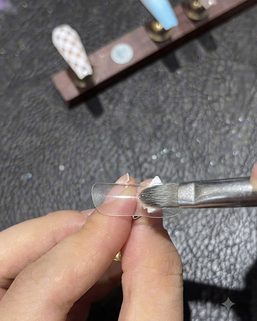 Des brucelles retirant une bande verticale de ruban dun ongle peint.