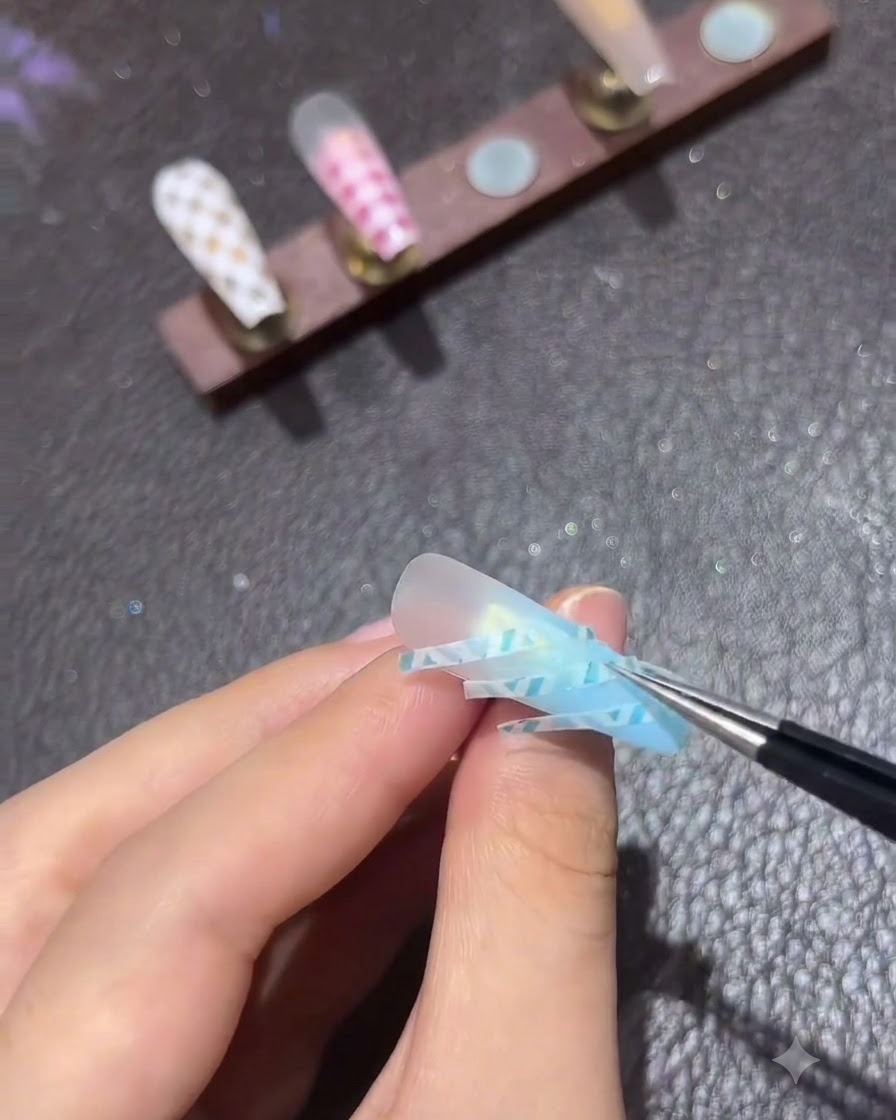 Des brucelles plaçant de fines bandes diagonales de ruban sur un ongle dégradé bleu.