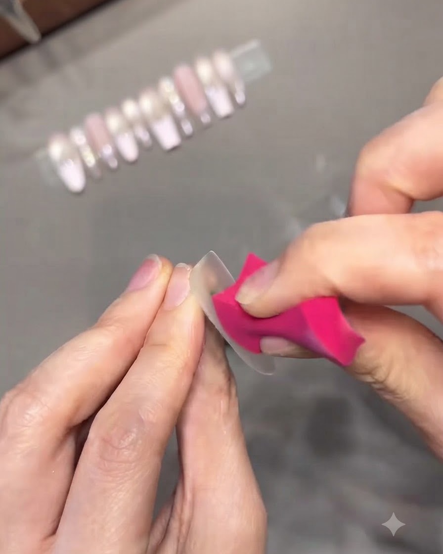 Un gros plan dune éponge de maquillage rose appliquant du gel correcteur de couleur claire sur le bord libre dune capsule dongle transparente.