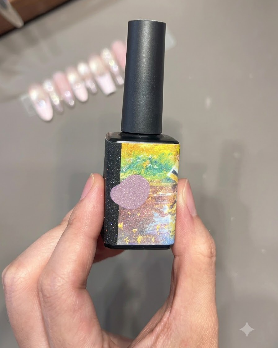 Un pinceau de bouteille appliquant une couche fine et translucide de vernis gel nude diaphane sur la surface dun ongle.