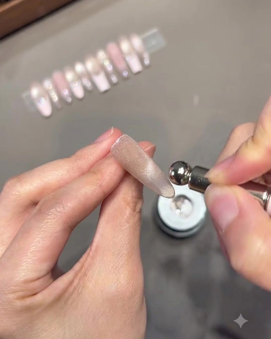 Un outil magnétique cylindrique maintenu près de la pointe dun ongle pour concentrer les particules cat-eye en un reflet lumineux de perle de verre.