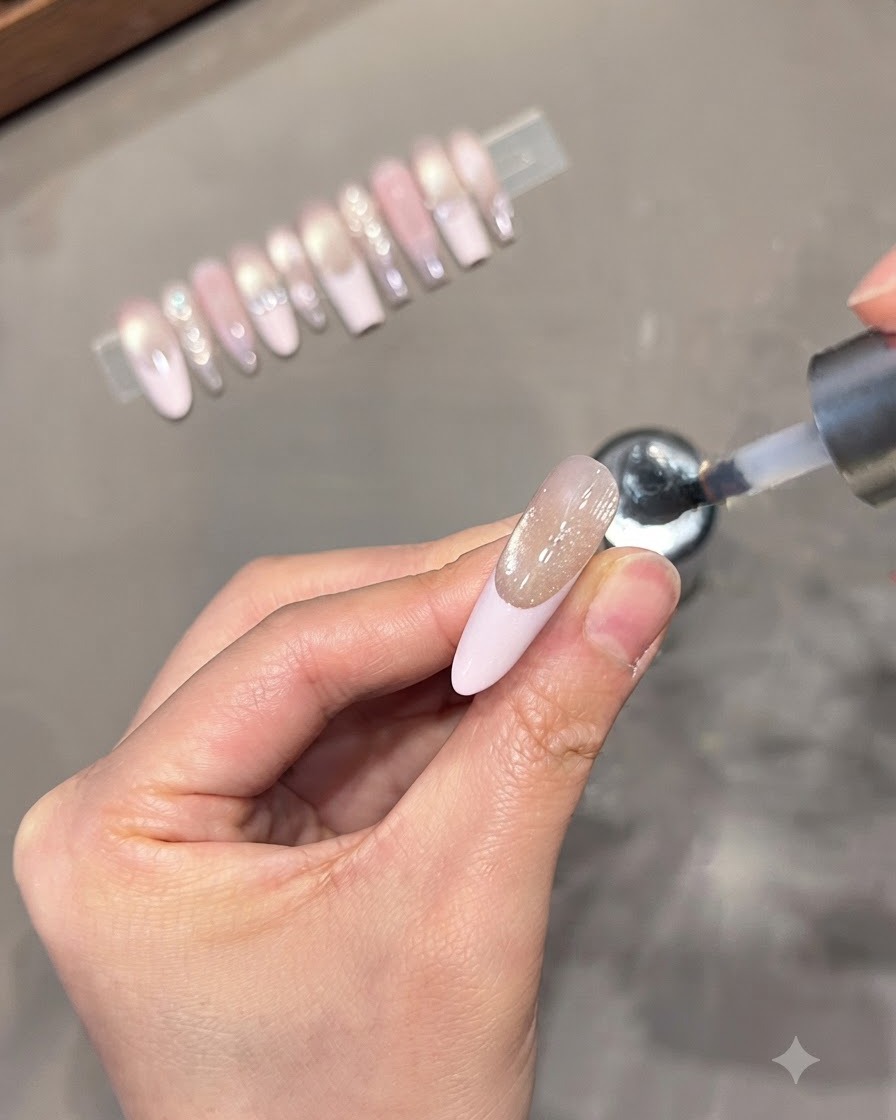 Application dun top coat brillant transparent sur un ongle en forme damande doté dun design de French tip.